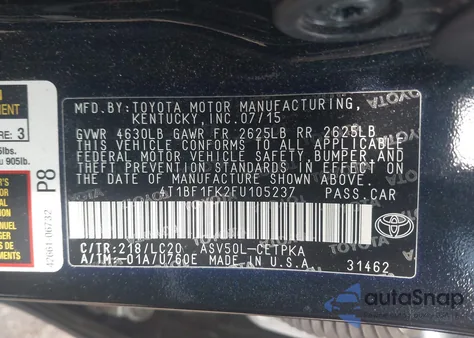 2015 Toyota Camry Xse z USA, uszkodzony, nr VIN 4T1BF1FK2FU105237